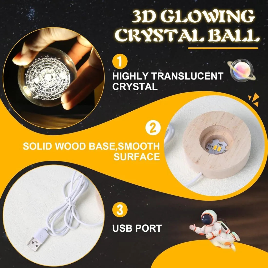 3D Galaxy Crystal Ball Night Light with Wooden Stand