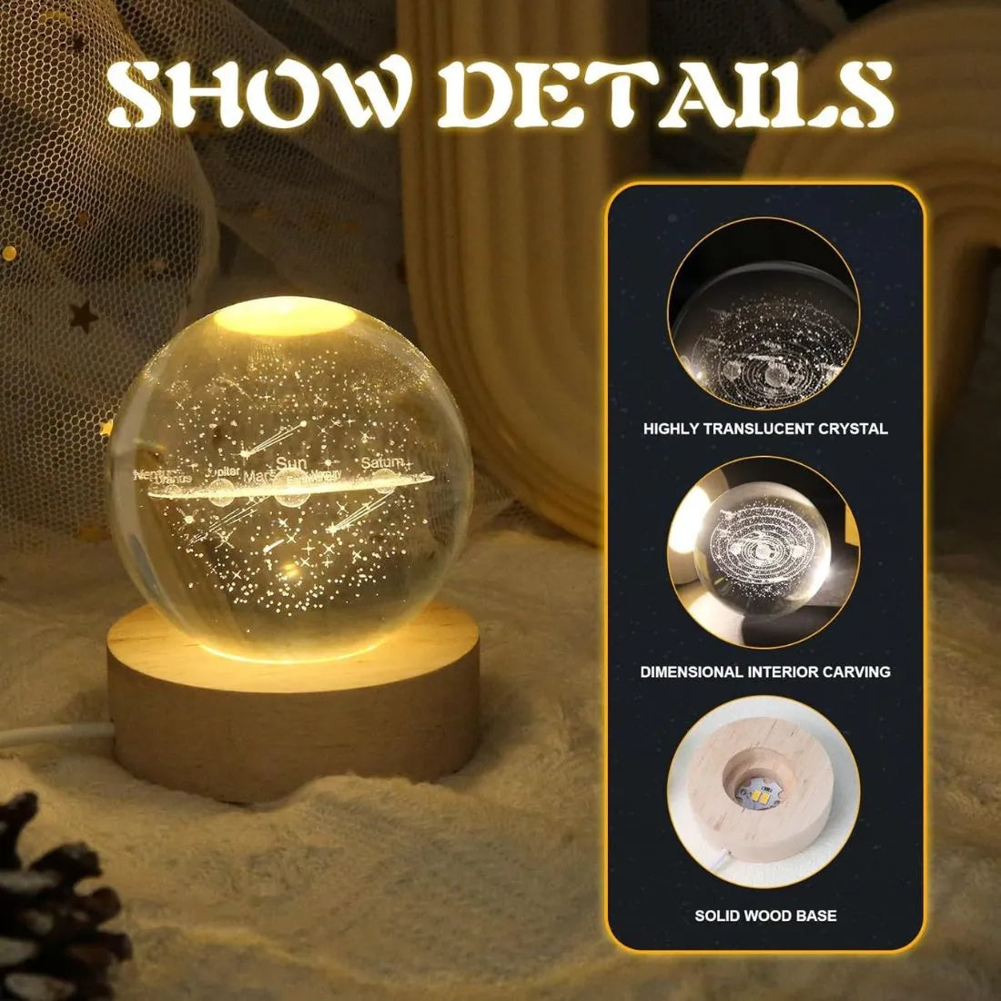 3D Galaxy Crystal Ball Night Light with Wooden Stand