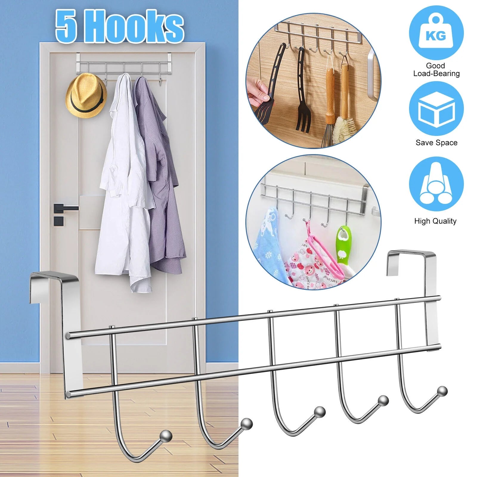 Over-the-Door 5-Hook Stainless Steel Organizer